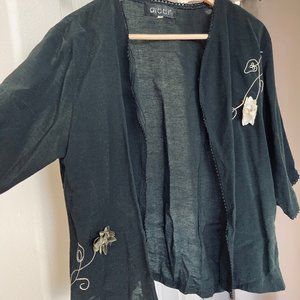 black kimono top with flower details